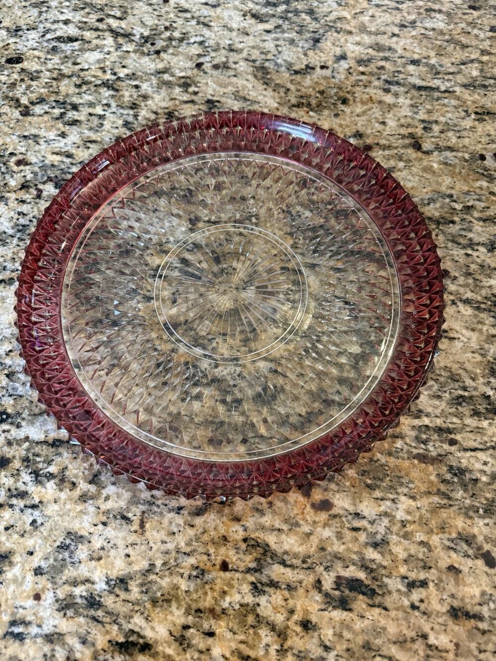 Vintage Large Glass Serving Platter / Torte Dish Diamond Point Ruby By Indiana